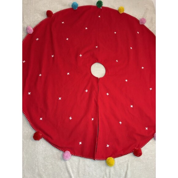Red Fleece white Christmas Tree Skirt 48’ Multi Colored Pom Poms Wondershop - Picture 1 of 10